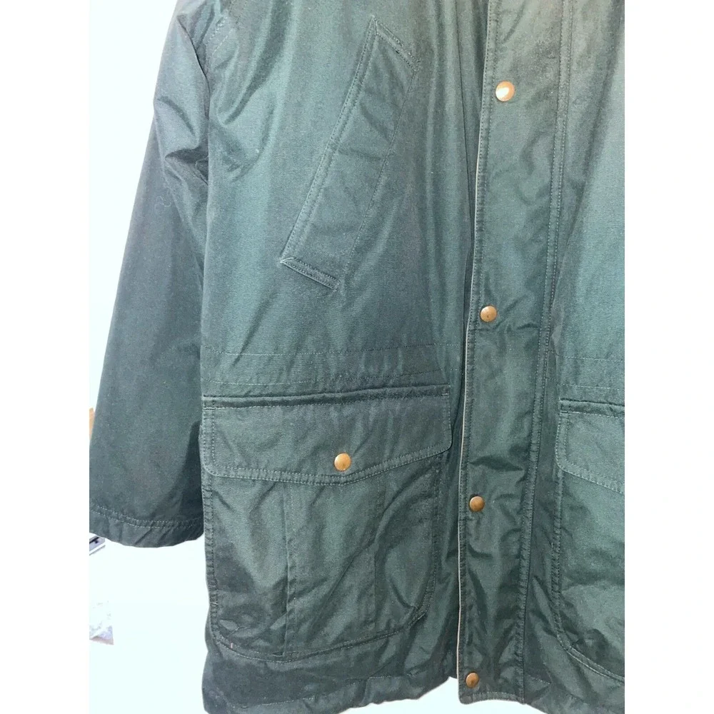 Lands' End Long Jacket Men Medium Green Down Fill Line‎ Snap Front Inside Zip